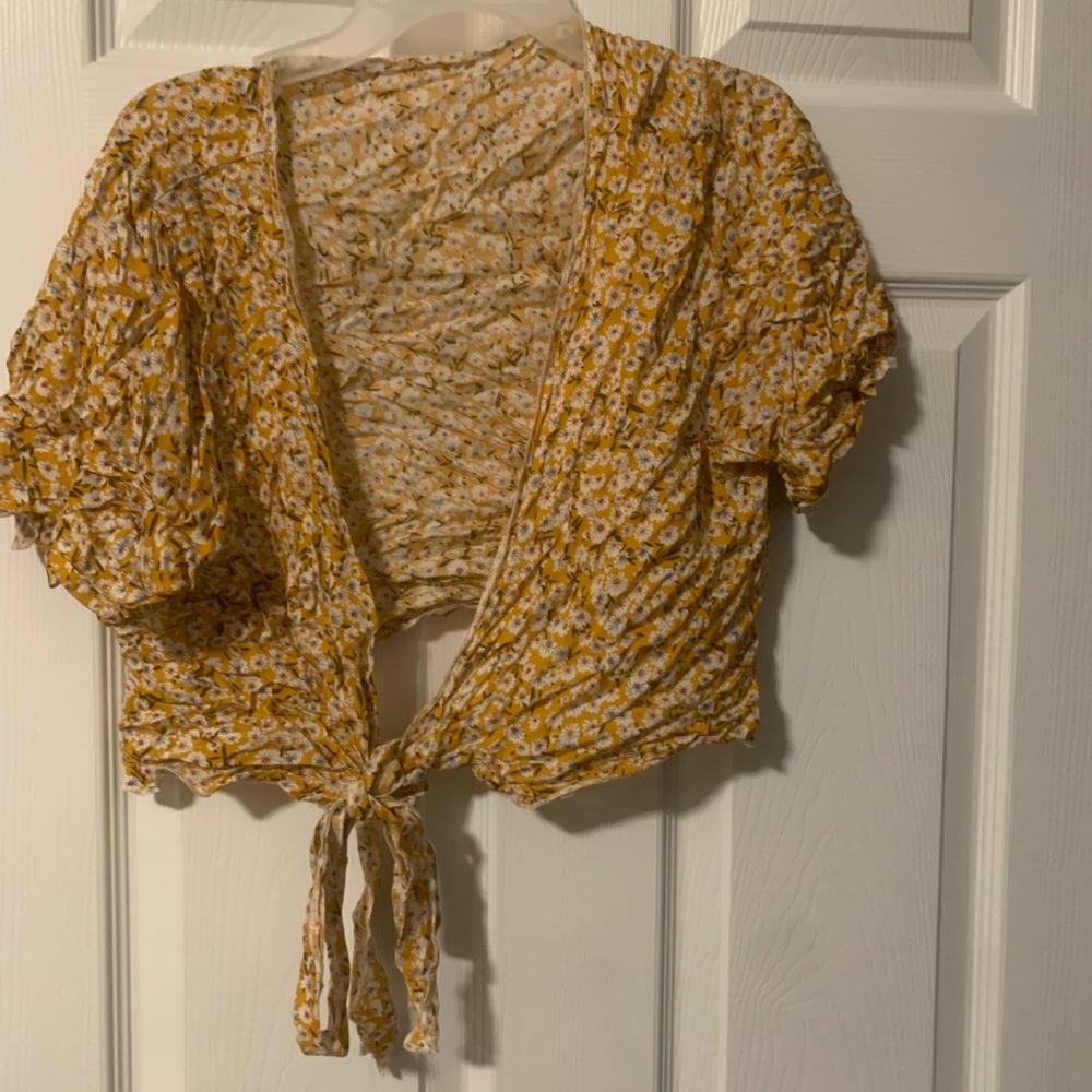 SHEIN Yellow Floral Tie-Front Blouse